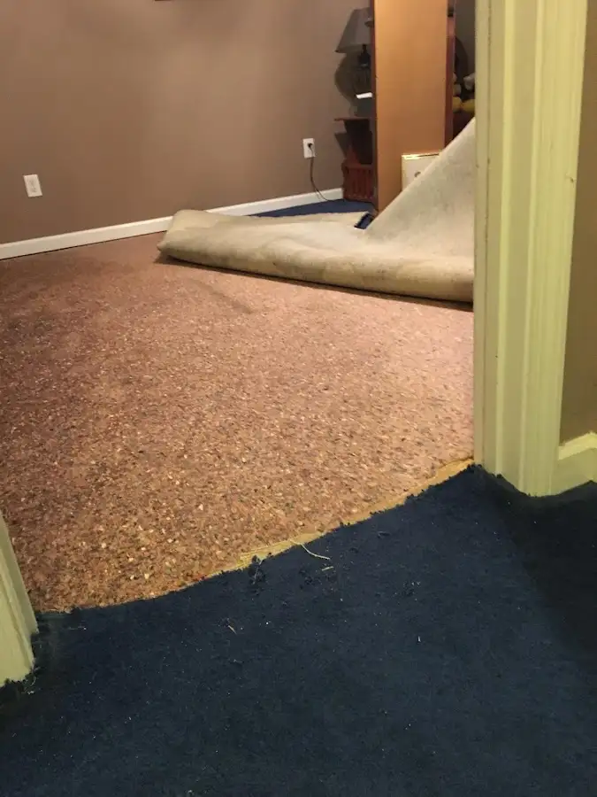 Carpet pad removal revealing water damage during Drying & Dehumidification in Monessen